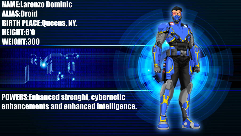 A blue and yellow man is standing in front of some text.