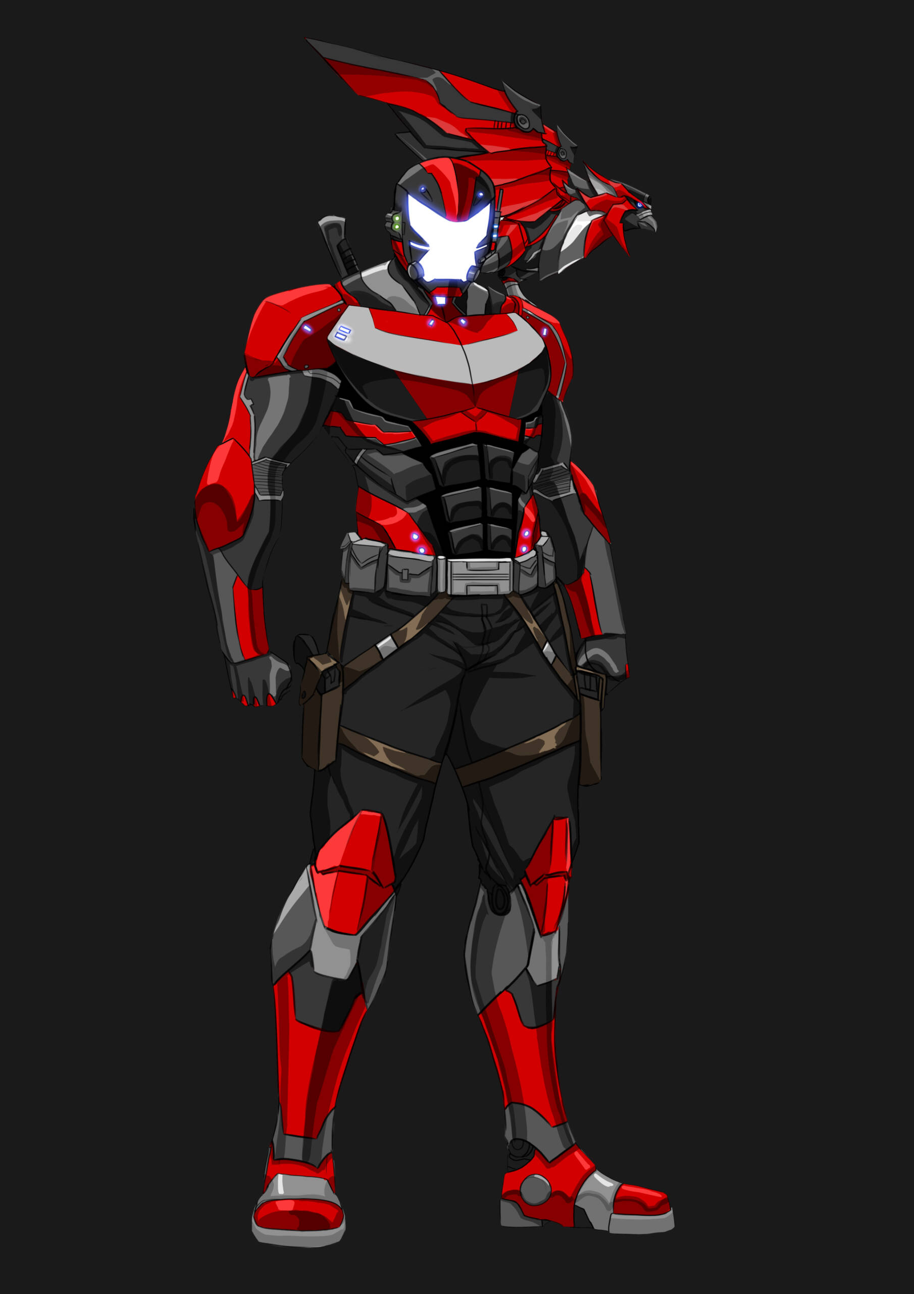 A red and black suit with a gun in the back.